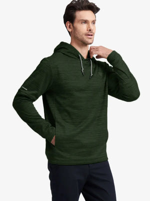 Half-body front shot highlighting Dark Green Heather pullover’s cozy fleece texture and relaxed fit