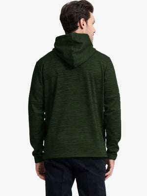 Front half-body pose showcasing comfort and clean design of Dark Green Heather hoodie
