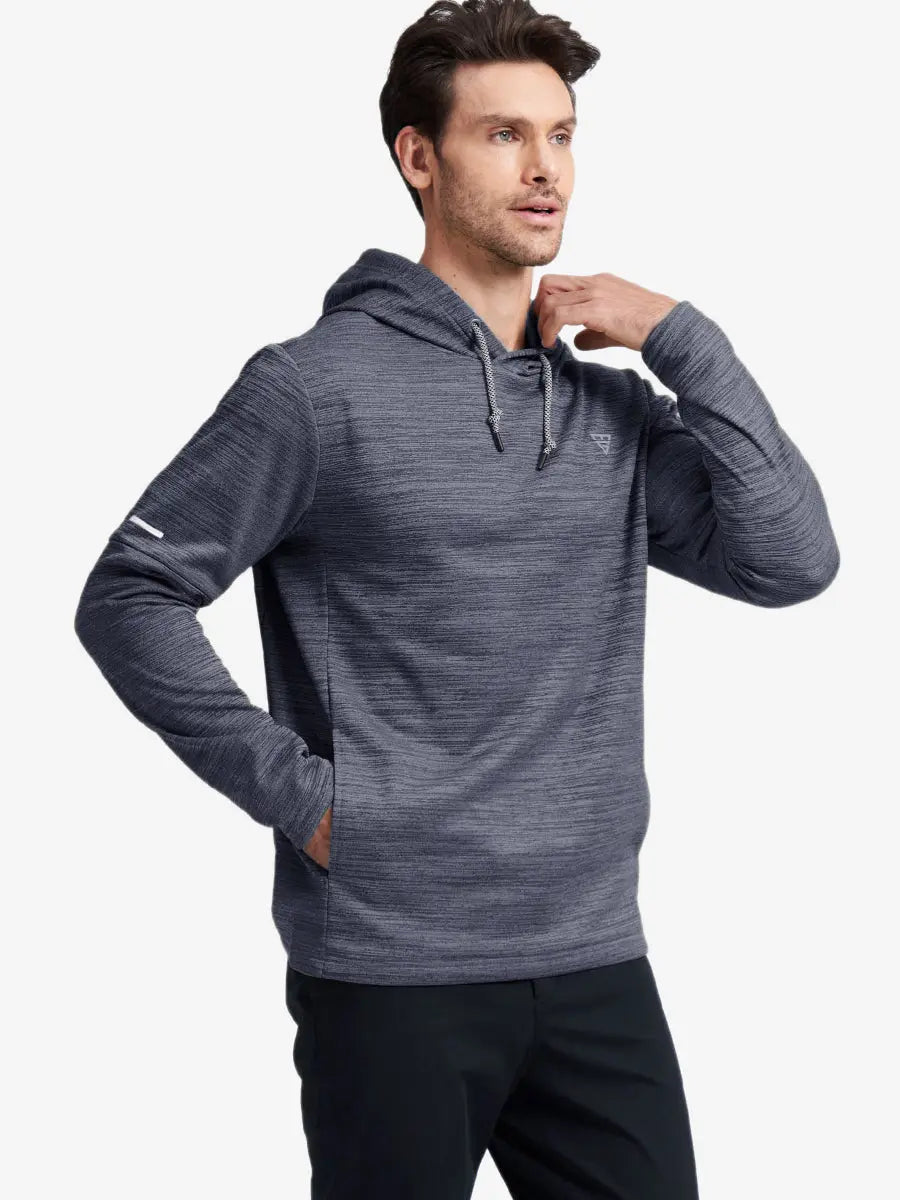 Half-body front shot highlighting Navy Heather pullover’s soft heather texture and relaxed fit