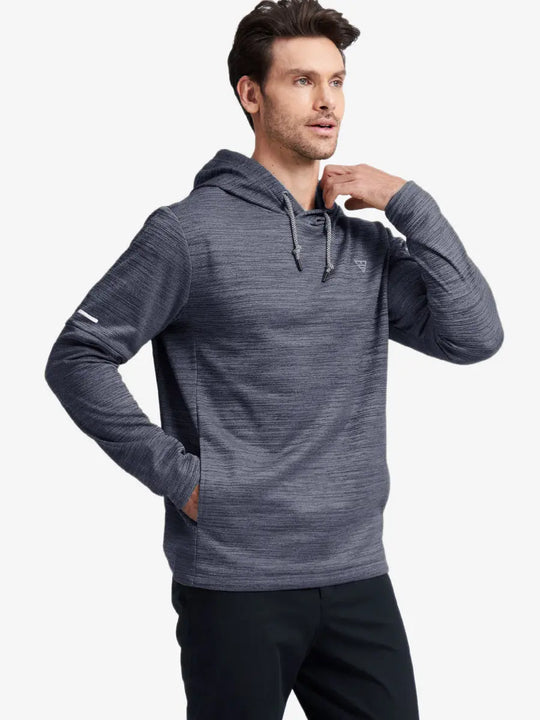 Half-body front shot highlighting Navy Heather pullover’s soft heather texture and relaxed fit