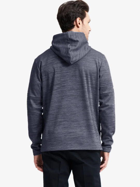 Front half-body pose showcasing clean lines of Navy Heather hoodie pullover