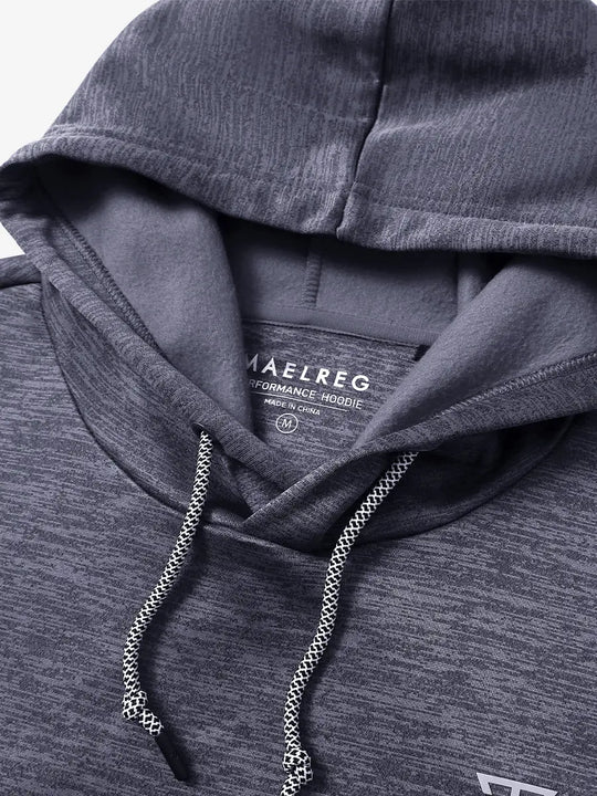 Detail of hood and drawstring design on Navy Heather Soft Heather Hoodie