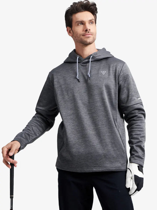 Half-body front shot highlighting Neutral Grey Heather pullover’s soft fleece texture and relaxed fit