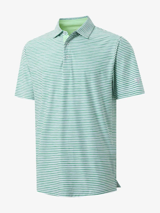 3D render highlighting brushstroke design of GREEN WHITE Unique Watercolour Stripe Polo
