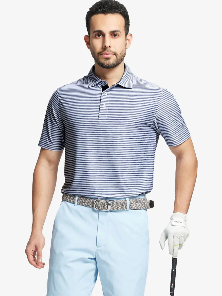Half-body front view with golf club wearing DARK BLUE WHITE Unique Watercolour Stripe Polo