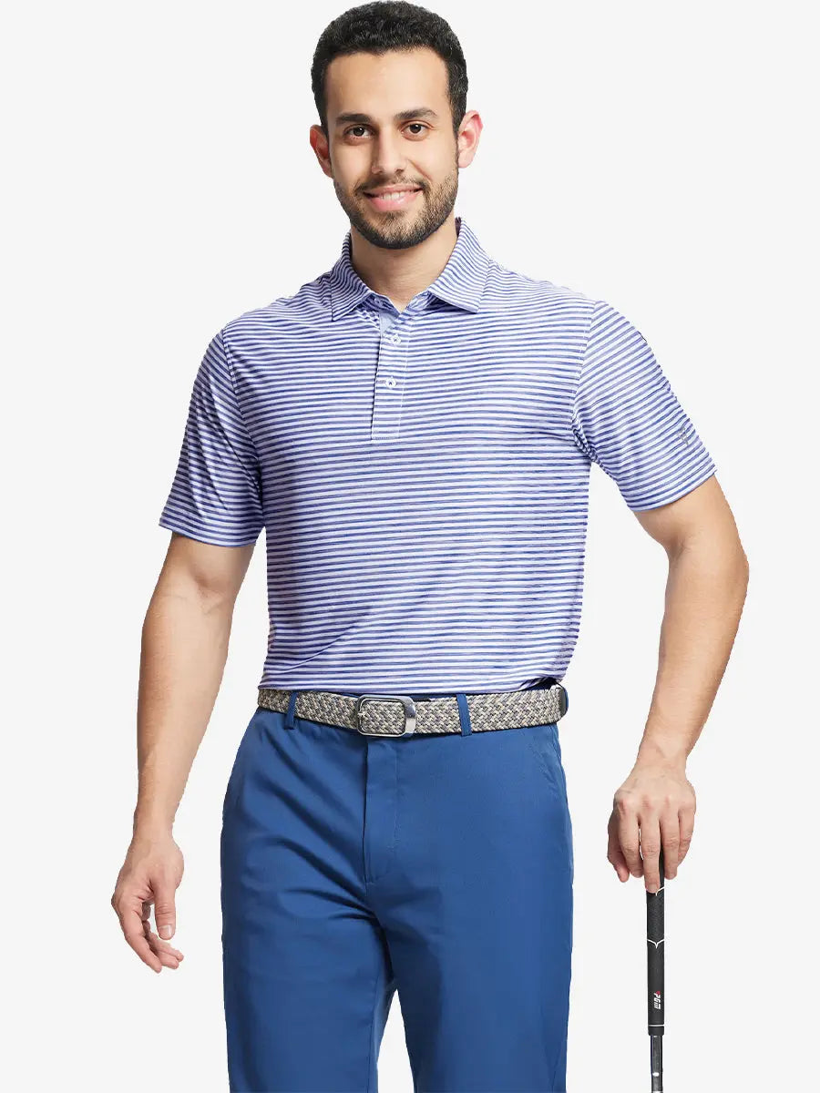 Front half-body with golf club wearing BLUE WHITE Unique Watercolour Stripe Polo
