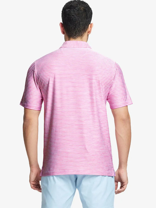 Back half-body view showing graceful stripes on ROSE WHITE Unique Watercolour Stripe Polo