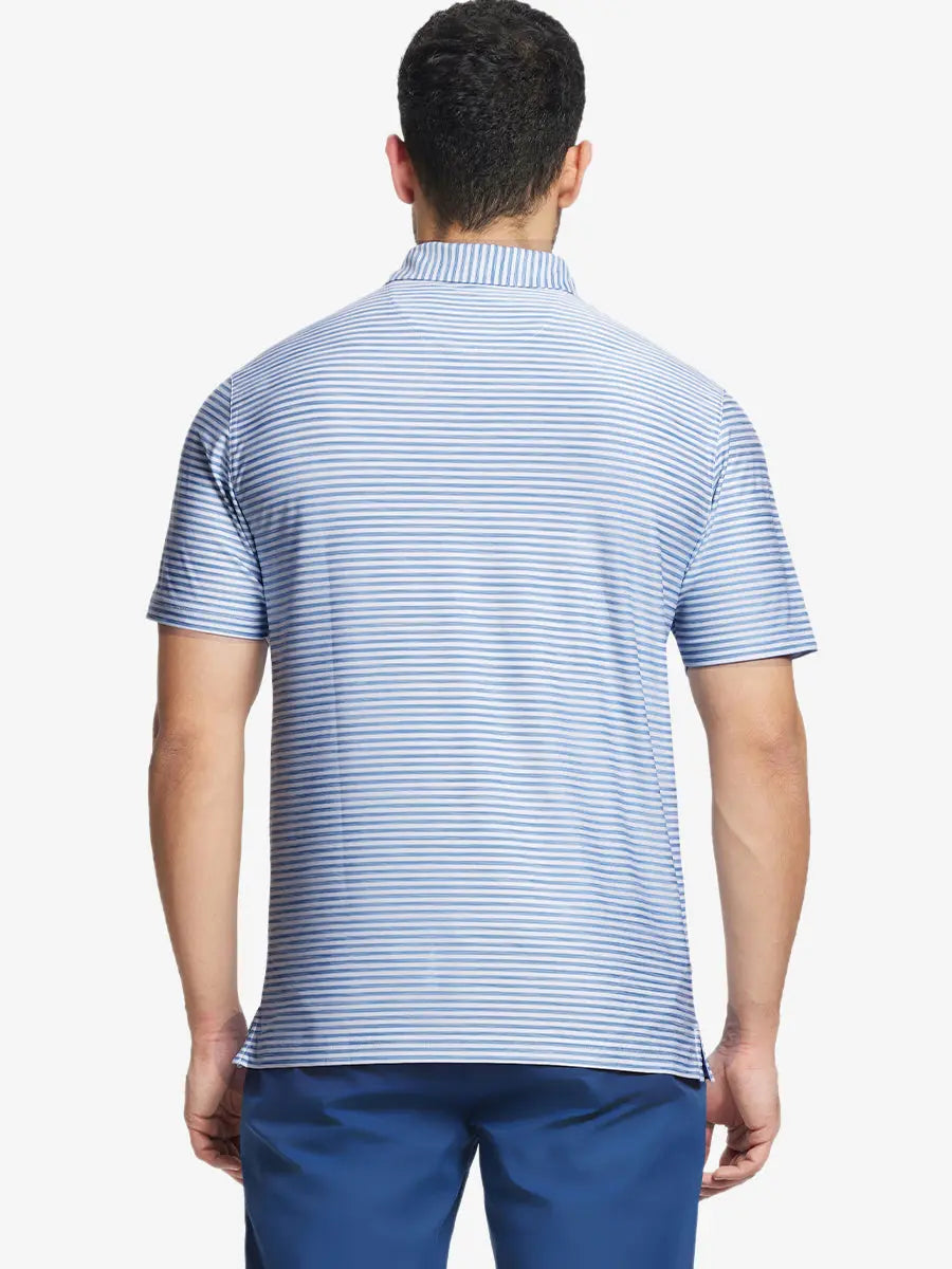 Rear half-body view of SKY BLUE WHITE polo with calm, flowing watercolor stripe gradient
