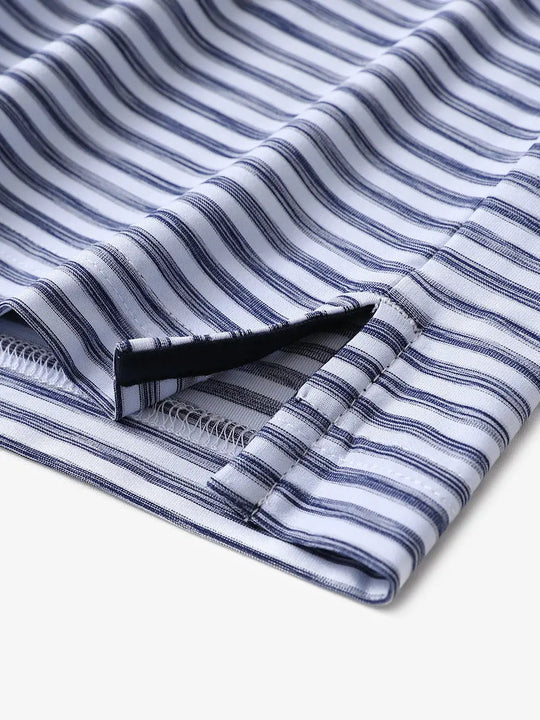 Hem slit detail of DARK BLUE WHITE Unique Watercolour Stripe Polo with soft stripe texture