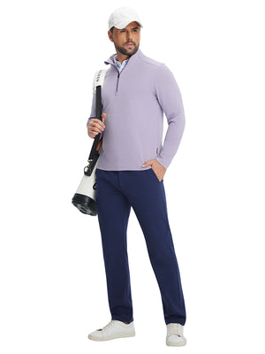 Full body shot of model in lanvender two tone pique cotton blend q-zip with tennis bag and white cap