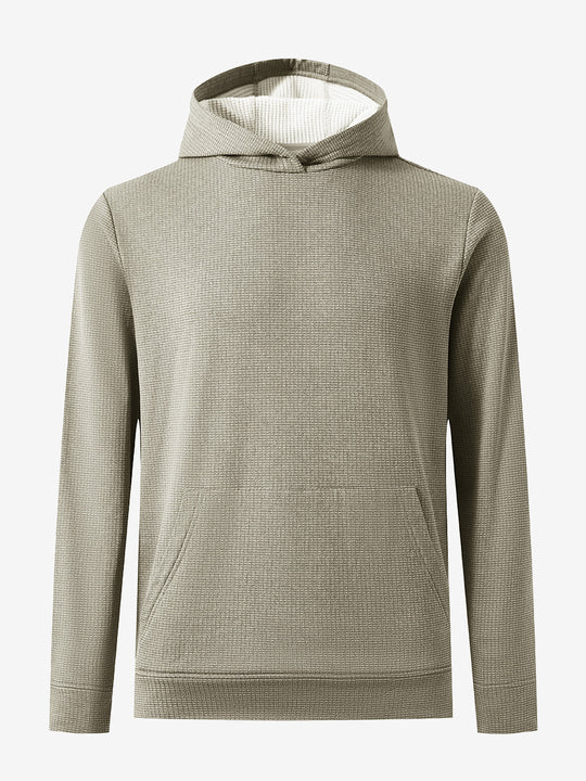 Front 3D view of warm fleece golf hoodies pullover in  dust beige, showing full garment design.