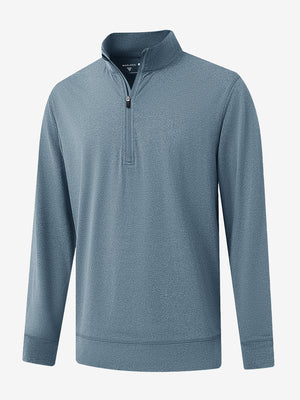 Front 3D image of quarter zip melange pullover in saxony blue melange, showing texture and details.
