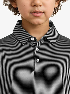 MAELREG Youth Cooling Polo – front upper-body close-up in Black Stripe