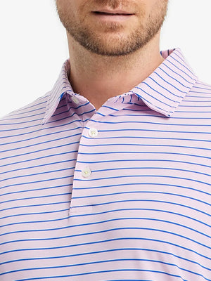 Front view from nose to chest in LIGHT PINK/COBALT STRIPE Popular Yarn Dyed Stripe Polo