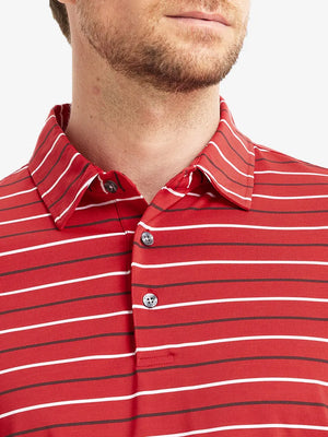 Front close-up from nose to chest of model in RED STRIPE Stylish Performance Golf Polo