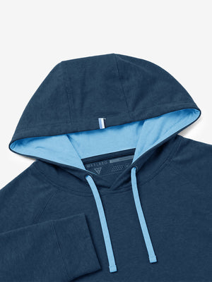 Close-up detail of hood structure, heather midlayer golf hoodies in dark blue heather