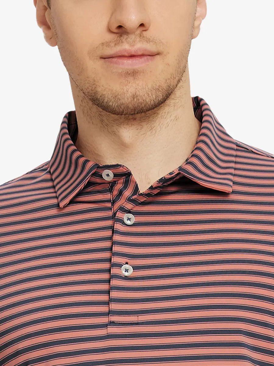 Upper chest close-up showing Olive Green White Yarn Dyed Stripe Polo – from nose to chest