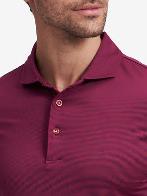 Collar detail of Long sleeve pinstripe jersey polo with clean trim in maroon stripe