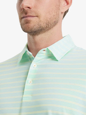Aqua Blue Yellow Stripe Performance Stripe Golf Shirt – model front close-up from nose to chest
