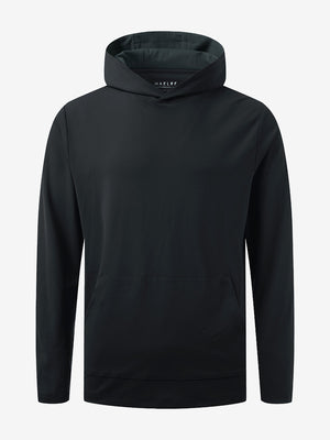 3D front view of youth long sleeve hoodied with kangaroo pocket in black, showing clean design.