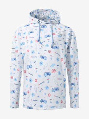 Front 3D view of youth full print hoodies pullover showing detailed fabric and fit, white cartoon toy.