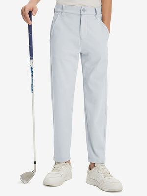 Boys Stretch Fleece Lined Casual Golf Pants in misty grey, front lower body view with golf club