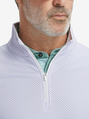 Close-up of collar area on jacquard quarter zip pullover in lavender, highlighting refined jacquard detail.