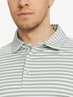 Upper chest close-up wearing Grey White Yarn Dyed Stripe Polo – from nose to chest