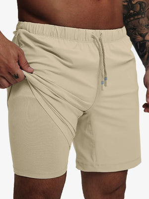 Front lower-body view from waist to knees showing stretch of KHAKI 2 in 1 Running Sports Shorts with Liner.