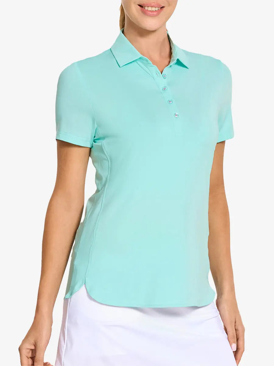Front view from nose to hem of model wearing BLUE LIGHT Women's Performance Solid Polo with skirt