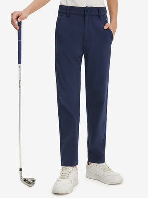 Boys Stretch Fleece Lined Casual Golf Pants in navy, front lower body view with golf club