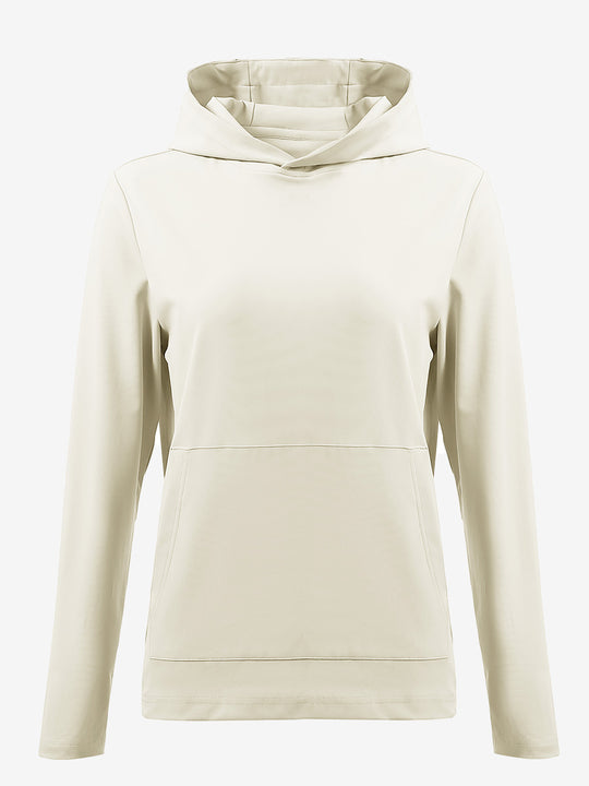 3D front view of women's lightweight hoodies pullover in cream, showing clean and sporty look.