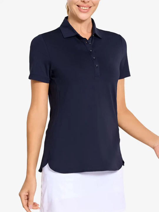 Front view from nose to hem of model wearing NAVY Women's Performance Solid Polo with skirt