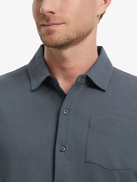 Model front view from nose to chest wearing DARK GREY Cotton Blend Plain Shirt.