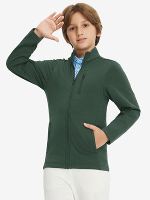 Model wearing kids soft lightweight fleece lined jacket in forest green, showcasing front half-body view.