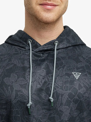 Black Grey Leaf Trendy Print Hoodies Pullover – close-up front from model’s nose to chest