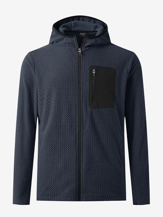 3D front view of full zip fleece hoodied jacket in navy, showing soft texture and sleek cut.