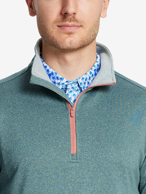 Front view from nose to chest, model wearing DARK GREEN MELANGE Moisture Wicking Quarter Zip Pullover.