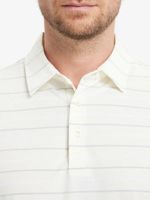 Front close-up from nose to chest of model in BEIGE STRIPE Stylish Performance Golf Polo