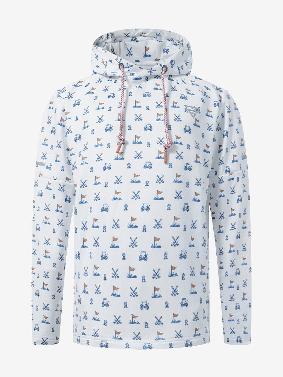 Front 3D view of youth full print hoodies pullover showing detailed fabric and fit, white golf.