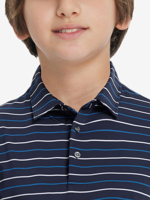 Close-up of collar on trendy boys stripe polo shirts, neat stitching with navy stripe accent