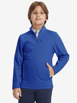 Model wearing kids soft lightweight fleece lined jacket in klein blue, showcasing front half-body view.