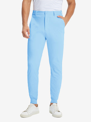 Model wearing Lightweight Ankle-Zip Sweatpants with 4 Pockets in light blue, lower body front view