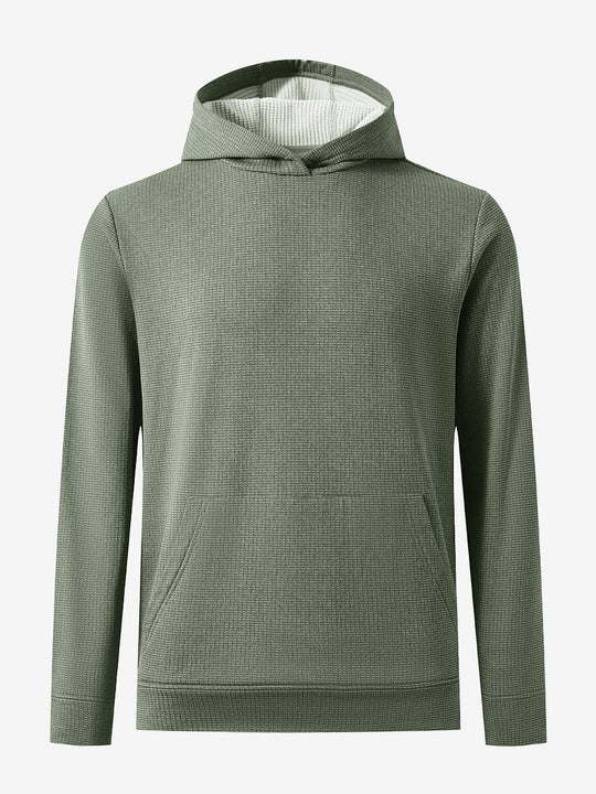 Front 3D view of warm fleece golf hoodies pullover in green, showing full garment design.