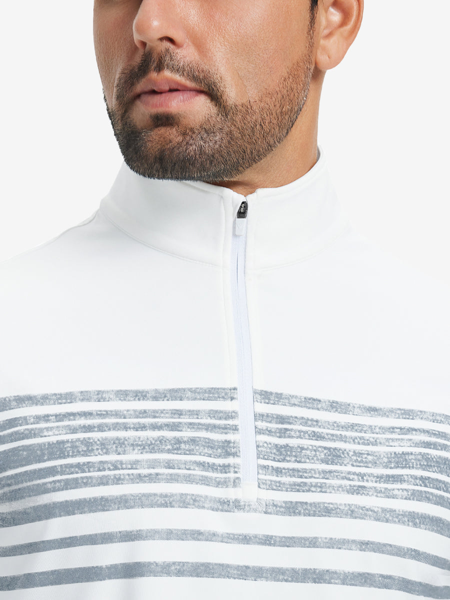 Close-up from nose to chest, showing collar and zipper detail of the white navy stripe golf pullover.