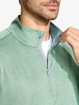 Front view from nose to chest of model wearing Pinstripe Quarter Zip Pullover – BERYL GREEN MELANGE