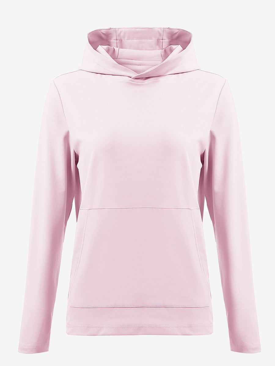 3D front view of women's lightweight hoodies pullover in pale pink, showing clean and sporty look.