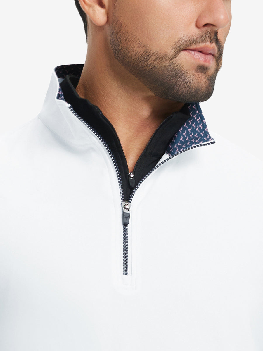 Close-up from nose to chest, showing collar detail and zipper of the white golf vest.