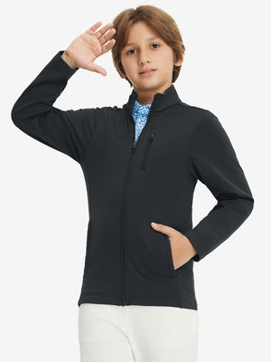 Model wearing kids soft lightweight fleece lined jacket in black, showcasing front half-body view.