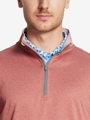 Front view from nose to chest, model wearing BRICK MELANGE Moisture Wicking Quarter Zip Pullover.
